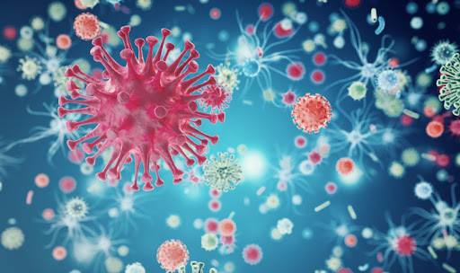What is a virus featured image -Red viruses on a blue background